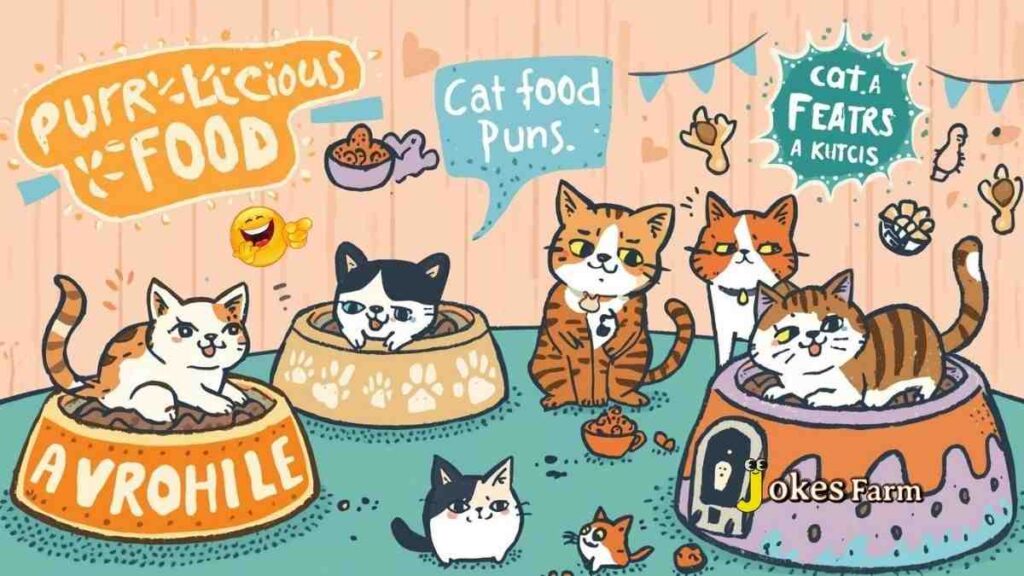 Cute cartoon cats sitting in food bowls with funny cat food puns