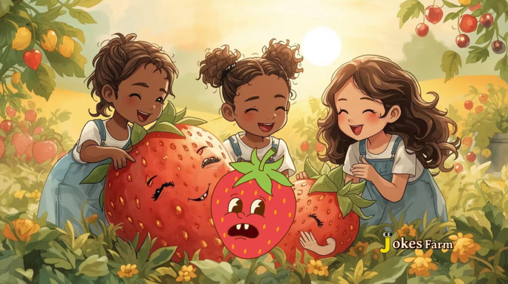 Strawberry jokes for kids: Two girls are playing in the garden with berries.