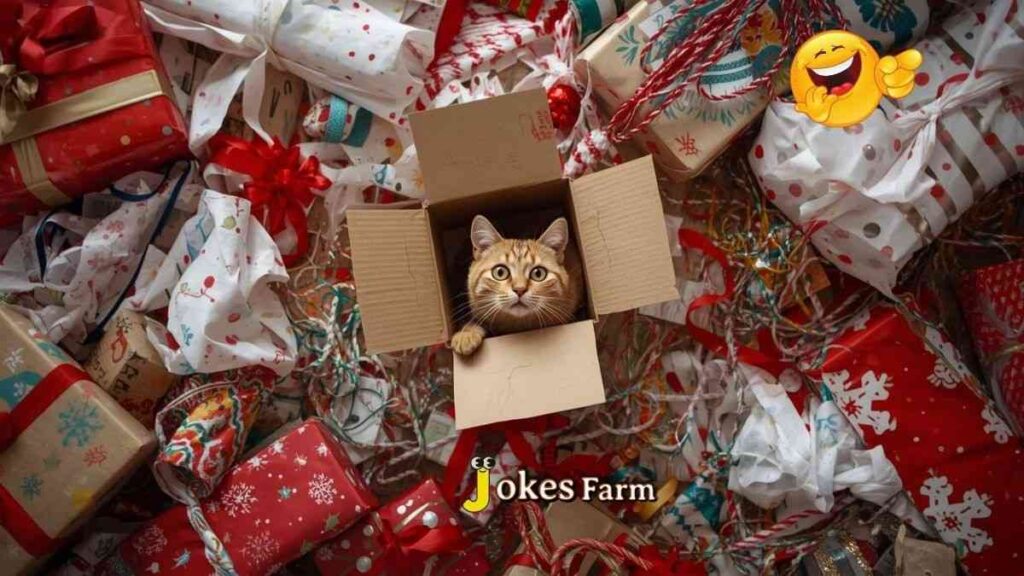 Cat inside ripped Christmas gift box after helping unwrap - funny holiday cat moment