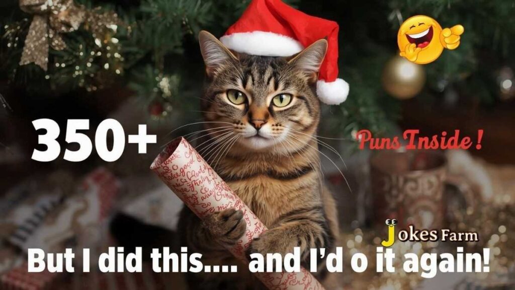 Funny tabby cat wearing Santa hat holding Christmas wrapping paper with messy tree in background – visual for 350+ holiday cat puns