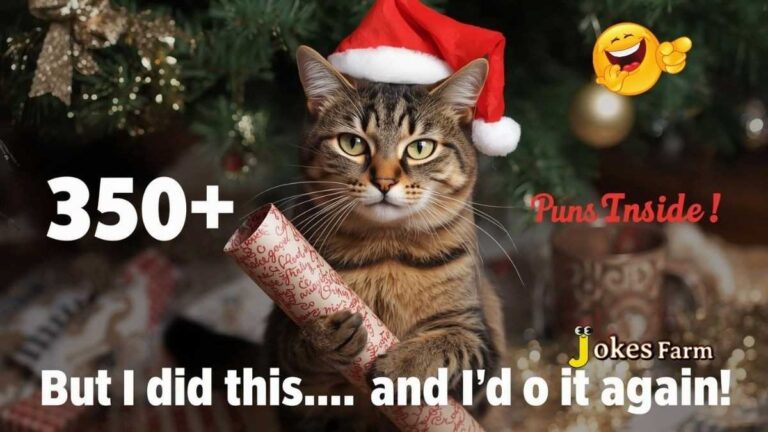 Funny tabby cat wearing Santa hat holding Christmas wrapping paper with messy tree in background – visual for 350+ holiday cat puns