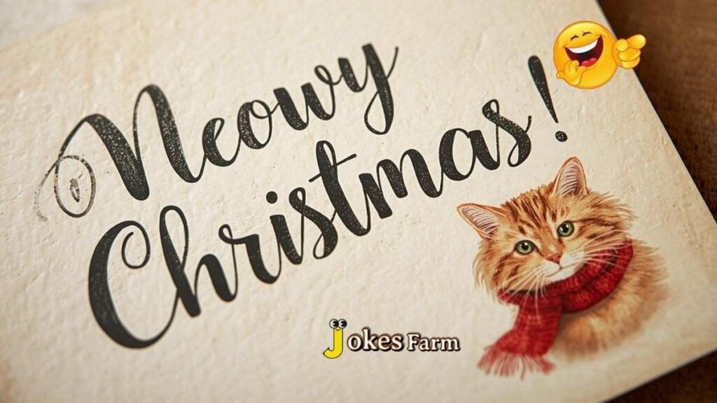 Handwritten Christmas card with cat pun "Meowy Christmas" and cozy cat illustration