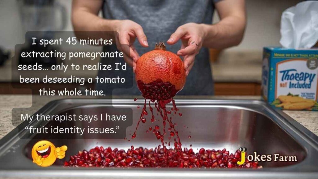 Funny messy pomegranate seed extraction scene with red stains everywhere – pomegranate jokes visual