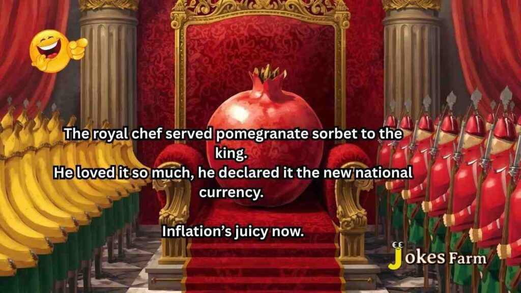 Pomegranate as queen with crown on velvet throne – royal fruit humor illustration